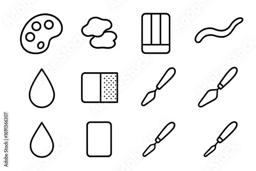 Color Mixing Icons. Outline icon set of Color mixing process: mixing palette, color puddles, swatch chart,