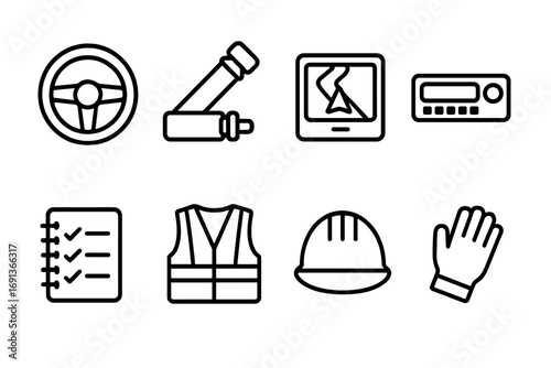 Truck Driver Essentials Icons. Outline icon set of truck driver essentials: steering wheel, seatbelt, GPS, radio, logbook, safety