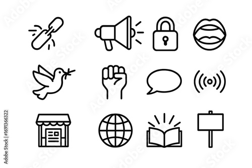Freedom Icons Collection. Outline icon set of press freedom: broken chain, megaphone, unlocked padlock, open mouth, dove, raised