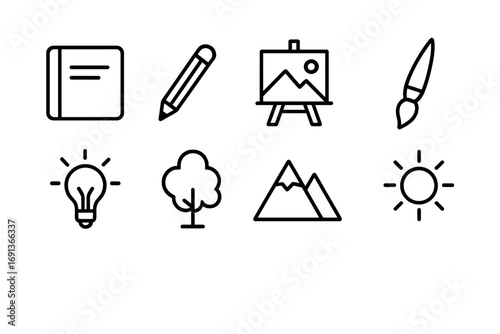 Creative Icons Outdoors. Outline icon set of creative process outdoors: sketchbook, pencil, easel, paintbrush,