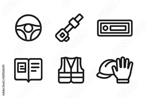 Truck Driver Essentials Icons. Outline icon set of truck driver essentials: steering wheel, seatbelt, GPS, radio, logbook, safety