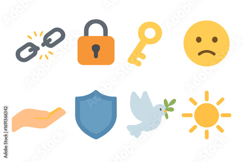Freedom Symbols Grid. Flat vector mini-illustrations Oppression chains and keys in colors children's illustrations: broken chain,