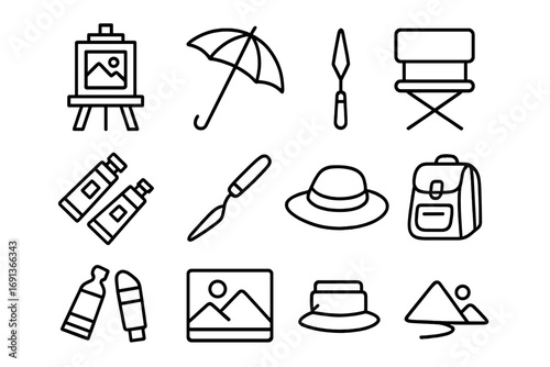 Plein Air Icon Set. Outline icon set of plein air painting: easel, umbrella, folding chair, paint tubes,