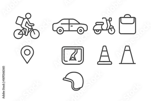 Gig Economy Icons. Outline icon set of Gig economy transport services: bicycle courier, ride-sharing car,