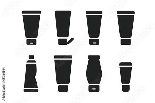 Tube Packaging Icons. Solid, filled icon set of tube packaging: squeeze tube, flip cap tube, screw cap tube, standing tube,