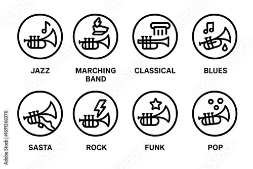 Trumpet Icon Set. Outline icon set of trumpet genres and styles: jazz, marching band, classical, blues, salsa, rock, funk, pop.