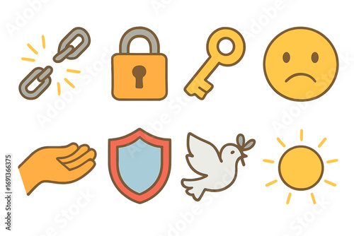 Freedom Symbols Grid. Flat vector mini-illustrations Oppression chains and keys in colors children's illustrations: broken chain,
