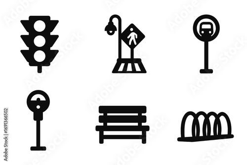 Urban Icon Set. Solid, filled icon set of urban location signs: traffic light, street lamp, crosswalk, bus stop, parking meter,
