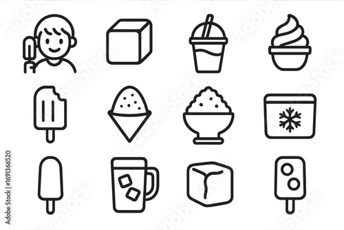 Frozen Treats Icons. Outline icon set of kids loving frozen treats: child with popsicle, ice cube, slushie cup, frozen yogurt, ice