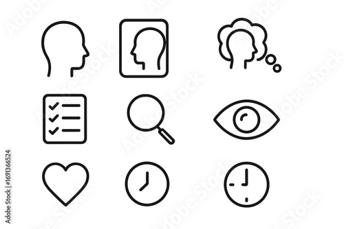 Self-Awareness Icon Set. Outline icon set of self-awareness: head silhouette, mirror, thought bubble,