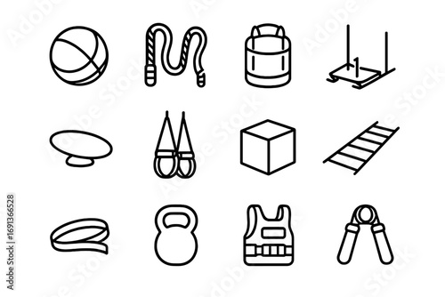 Functional Training Icons. Outline icon set of Functional training tools: medicine ball, battle ropes, sandbag, sled push, balance