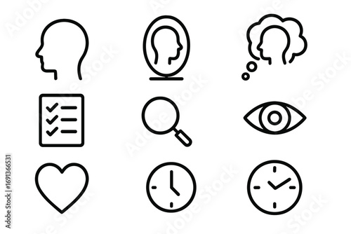 Self-Awareness Icon Set. Outline icon set of self-awareness: head silhouette, mirror, thought bubble,