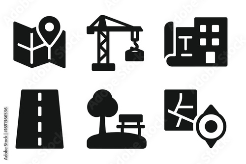 Urban Planning Icons. Solid, filled icon set of urban planning: city map, construction crane, blueprint, building, road, park,