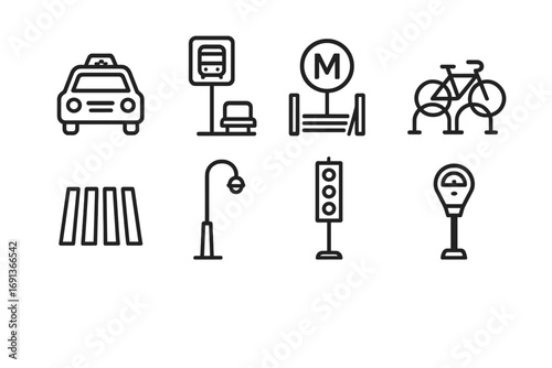 Urban Transport Icons. Outline icon set of financial district transport and infrastructure: taxi, bus stop, subway entrance, bike