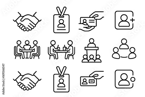 Networking Icon Set. Outline icon set of Networking and brand presence: handshake, conference badge, business