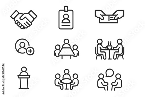 Networking Icon Set. Outline icon set of Networking and brand presence: handshake, conference badge, business