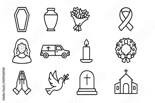 Funeral Traditions Icons. Outline icon set of funeral traditions: coffin, urn, flowers, black ribbon, mourning veil, hearse,