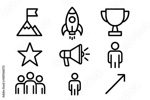 Inspiring Leadership Icons. Outline icon set of inspiring leadership: flag on mountain, rocket, trophy, star,
