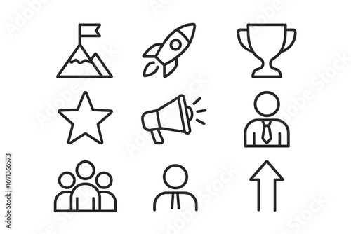 Inspiring Leadership Icons. Outline icon set of inspiring leadership: flag on mountain, rocket, trophy, star,