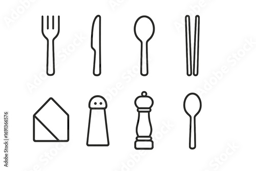 Utensil Icon Set. Outline icon set of dining utensils: fork, knife, spoon, chopsticks, napkin, salt shaker, pepper grinder,