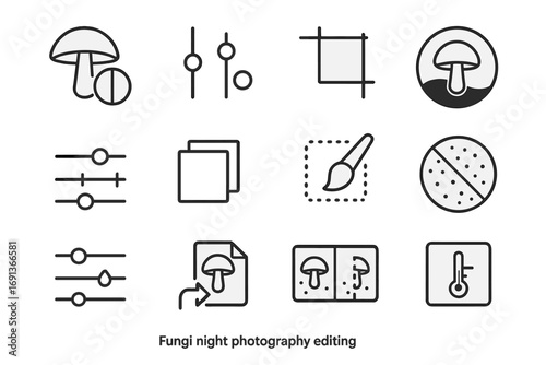 Fungi Editing Icons Grid. Outline icon set of Fungi night photography editing: color correction icon, brightness/contrast sliders,