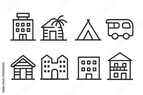 Vacation Accommodation Icons. Outline icon set of vacation accommodation: hotel, beach hut, tent, RV, cabin, resort, hostel, villa