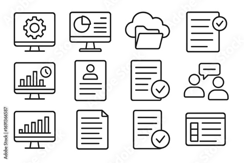 Digital Business Icon Set. Outline icon set of Business process digitalization: software tools, dashboards,