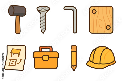 Furniture Assembly Tools. Flat vector mini-illustrations Furniture assembly project in colors children's illustrations: rubber