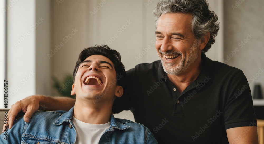 Fototapeta premium Happy father and son laughing together at home. Genuine joy and connection are evident in this heartwarming scene