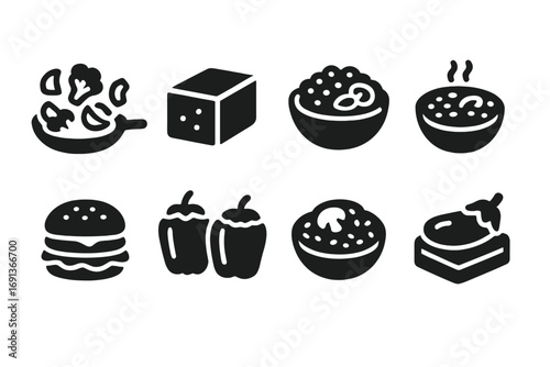 Vegetarian Dish Icons. Solid, filled icon set of vegetarian main dishes: vegetable stir-fry, tofu block, quinoa bowl, lentil curry