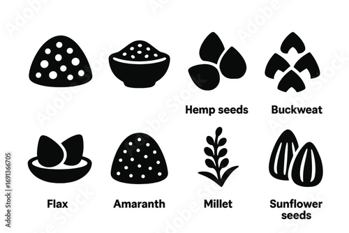 Vegetarian Protein Grains. Solid, filled icon set of vegetarian protein grains and seeds: quinoa, chia seeds, hemp seeds,