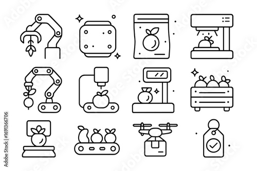 Futuristic Crop Harvesting Icons. Outline icon set of futuristic crop harvesting and packaging in zero gravity: robotic harvesting
