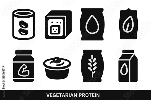 Vegetarian Protein Icons. Solid, filled icon set of vegetarian protein packaging: canned beans, tofu box, nut bag, seed packet,