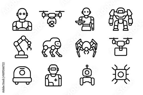 Futuristic Robotics Icons. Outline icon set of futuristic robotics: humanoid robot, repair drone, service android, battle mech,