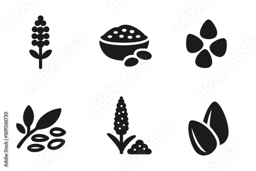 Vegetarian Protein Grains. Solid, filled icon set of vegetarian protein grains and seeds: quinoa, chia seeds, hemp seeds,