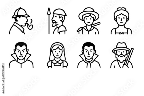 Literary Icon Grid. Outline icon set of Famous literary characters: Sherlock Holmes, Don Quixote, Huckleberry