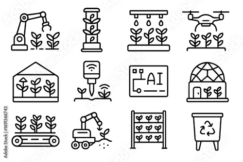 Futuristic Space Farming Icons. Outline icon set of futuristic space farming with robots and automated systems: robotic arm