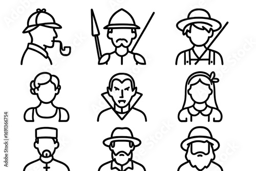 Literary Icon Grid. Outline icon set of Famous literary characters: Sherlock Holmes, Don Quixote, Huckleberry