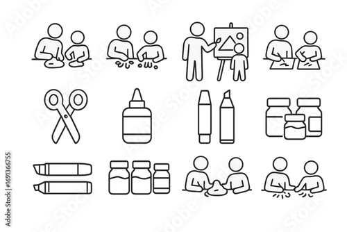 Family Art Icons. Outline icon set of Family art activities: clay modeling, finger painting, canvas painting,