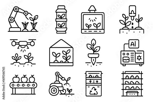 Futuristic Space Farming Icons. Outline icon set of futuristic space farming with robots and automated systems: robotic arm