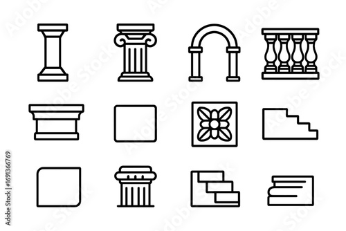Architectural Elements Icons. Outline icon set of architectural stone elements: pillar, column, arch,