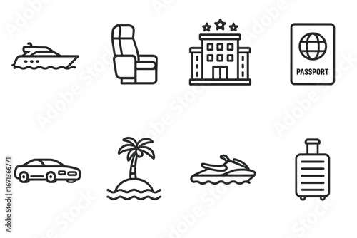 VIP Travel Icon Set. Outline icon set of VIP travel: private yacht, first class airplane seat, luxury hotel, passport, chauffeur