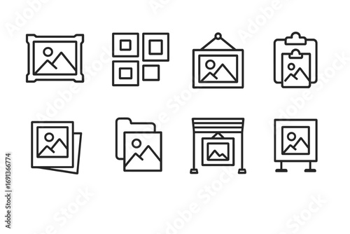Art Display Icon Set. Outline icon set of Art display and sharing: framed drawing, gallery wall, hanging