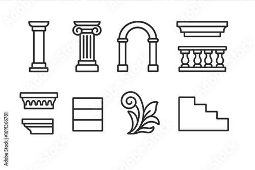 Architectural Elements Icons. Outline icon set of architectural stone elements: pillar, column, arch,