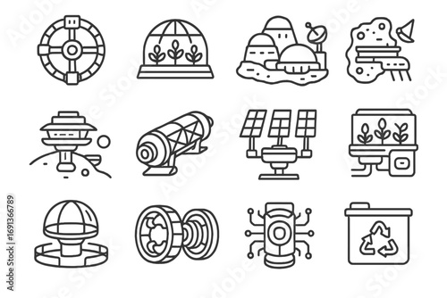 Futuristic Space Icon Set. Outline icon set of futuristic space habitats: rotating station, biodome, lunar base, asteroid colony,