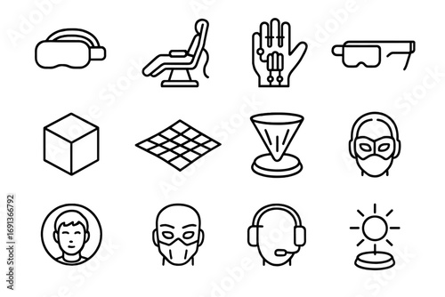 Futuristic Technology Icons. Outline icon set of digital worlds and VR: VR headset, neural link chair, holo-glove, AR glasses,