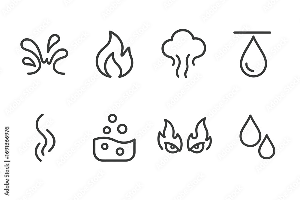 Water and Fire Icons. Outline icon set of water and fire elements: water splash, fire flame, steam cloud, dripping water, smoke