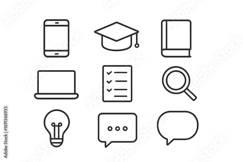 Education App Icons. Outline icon set of education apps: smartphone, graduation cap, book, open laptop, test