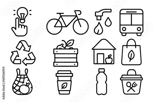 Eco-friendly Icon Set. Outline icon set of Eco-friendly habits: turning off lights, cycling, reducing water