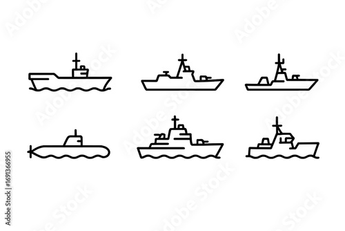Warship Icons Set. Outline icon set of warship types: aircraft carrier, destroyer, cruiser, frigate, submarine, battleship, patrol